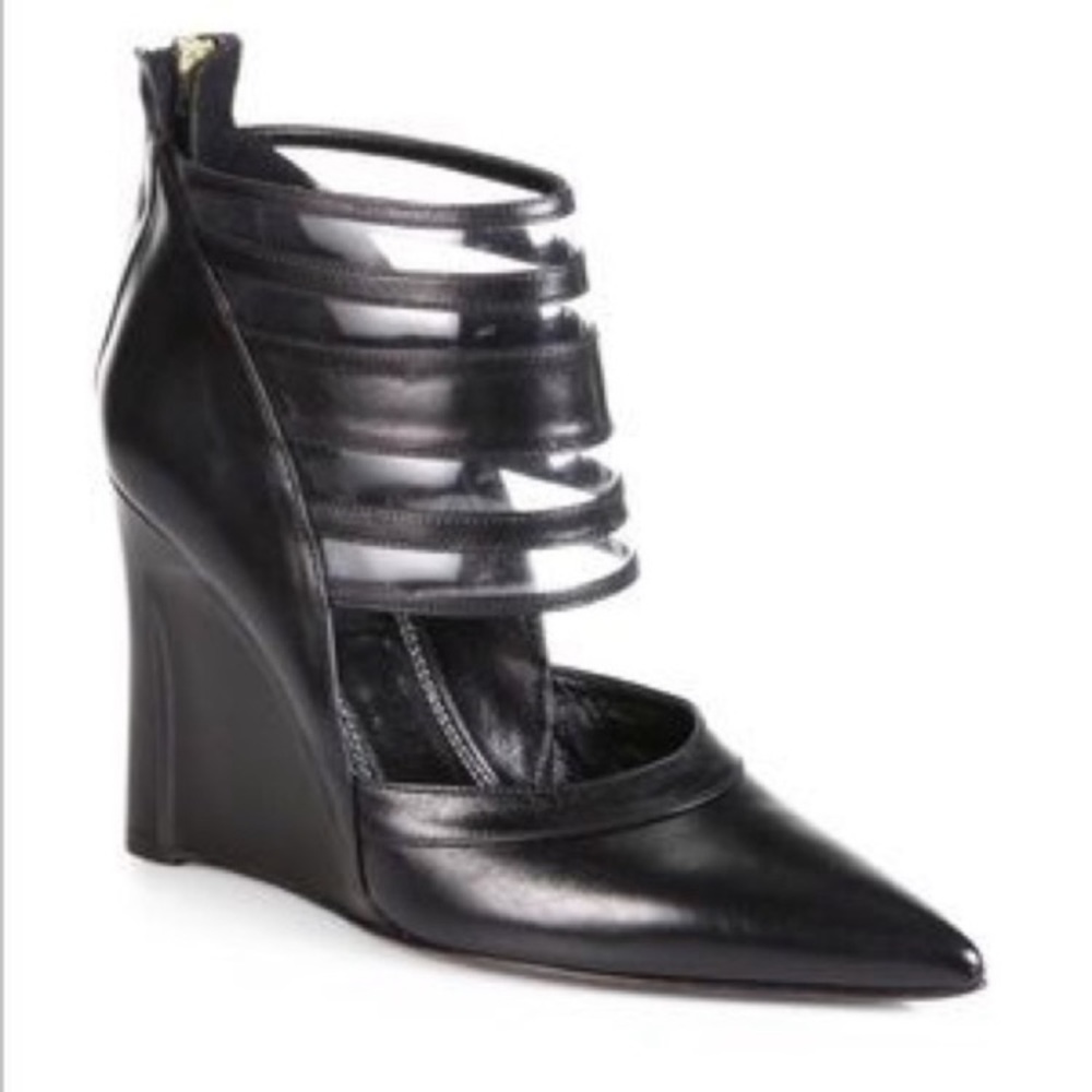 NWT Derek Lam Meryl 7 Black Leather Pointed Toe Wedge Heel Tonal Stitching ZipUp